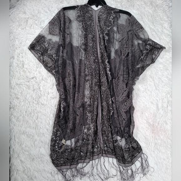 Pretty Persuasions Burnout Paisley Print Kimono Jacket OS Boho Festival Fringed - Picture 5 of 11